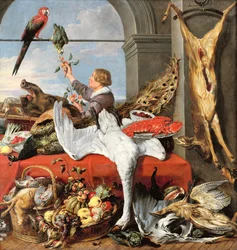 Inneres eines Arbeitszimmers oder Stillleben mit Wild, Geflügel und Früchten, um 1635
